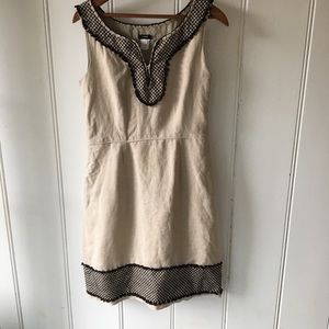 J. Crew beige linen dress with black embroidery